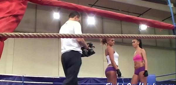  Lesbian babes wrestling in a boxing ring